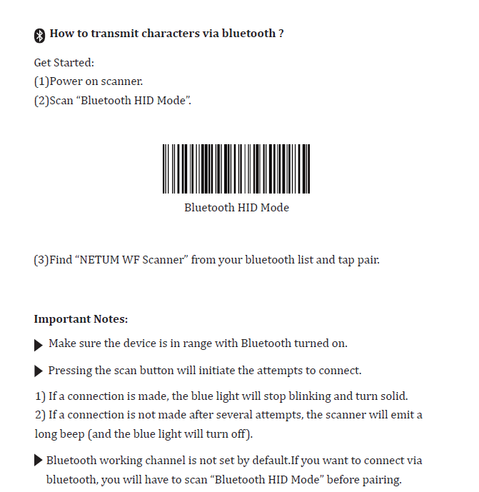 Bluetooth setup barcode
